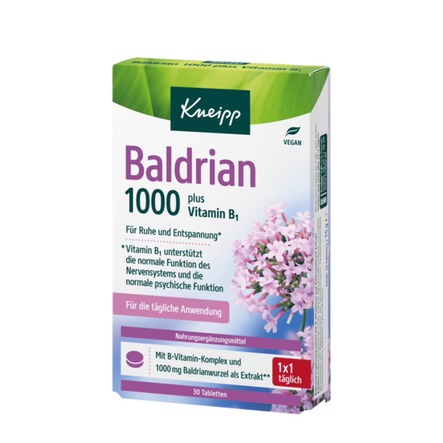 Primary Image of Valerian 1000 Plus Vitamin B1, herbal supplement box with German writing