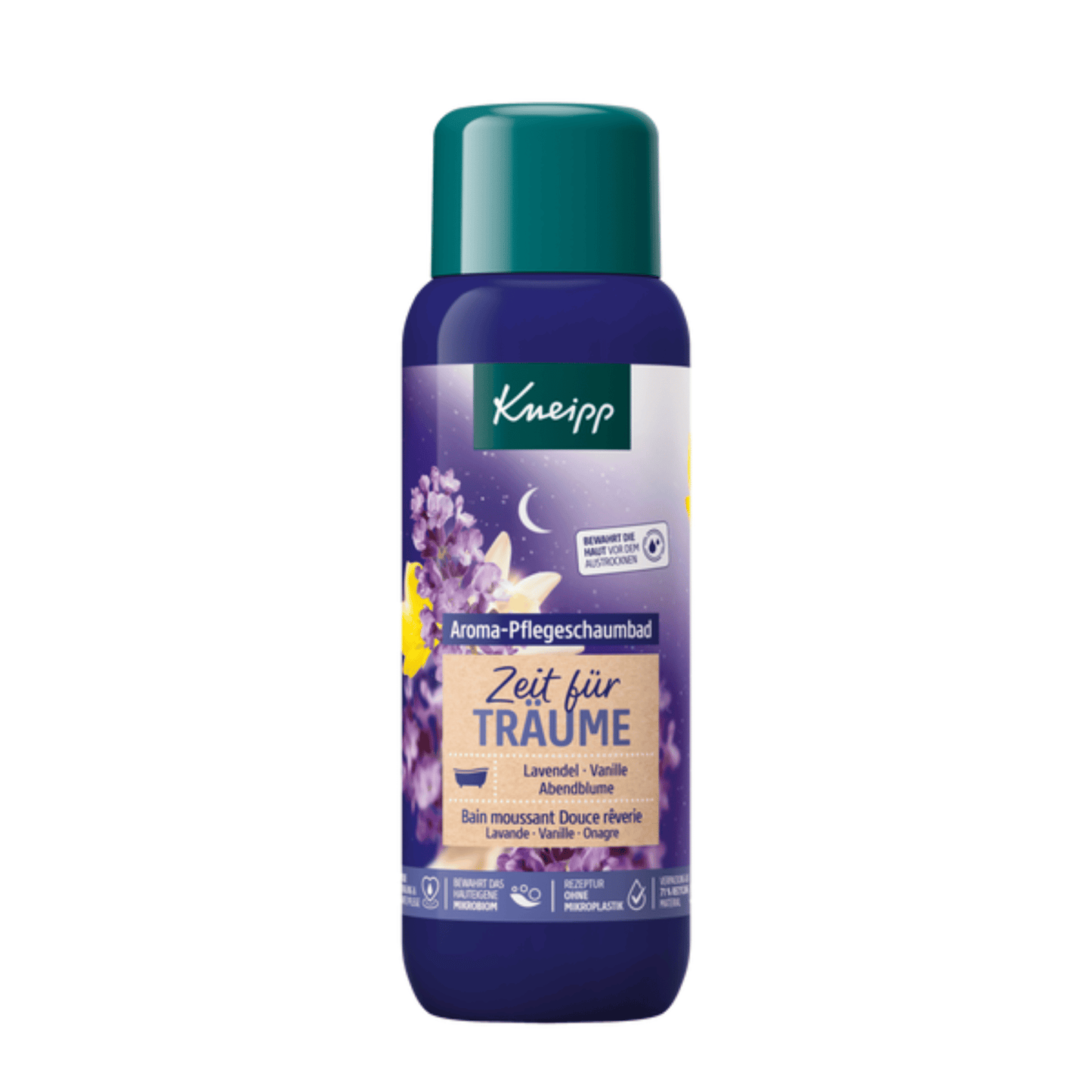Primary Image of Lavender & Vanilla Dream Time Aroma Care Bubble Bath, purple bottle with a green cap and a German label