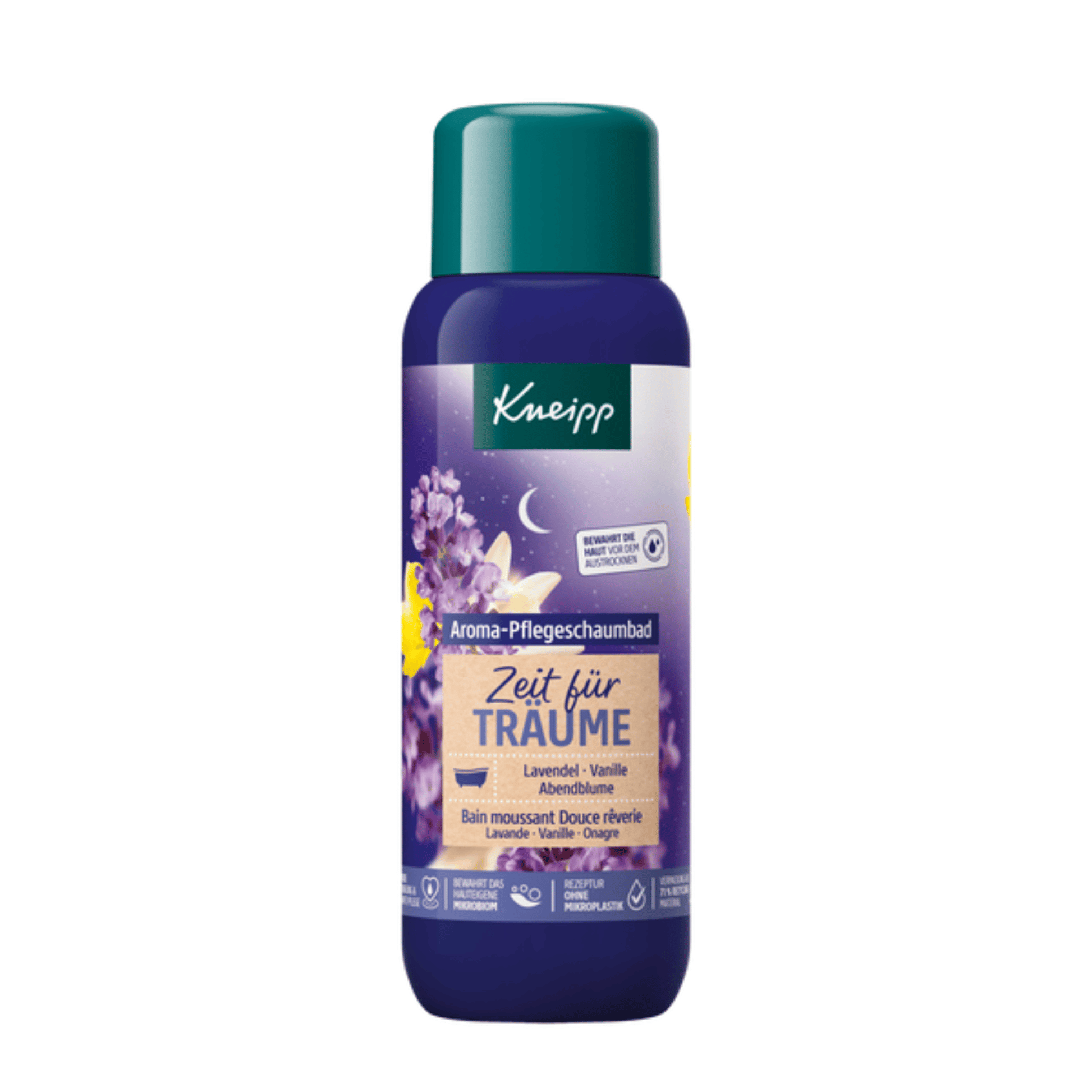 Primary Image of Lavender & Vanilla Dream Time Aroma Care Bubble Bath, purple bottle with a green cap and a German label
