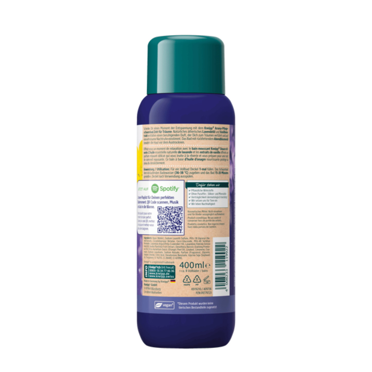 Alternate Image of Lavender & Vanilla Dream Time Aroma Care Bubble Bath, purple bottle with a green cap and a German label