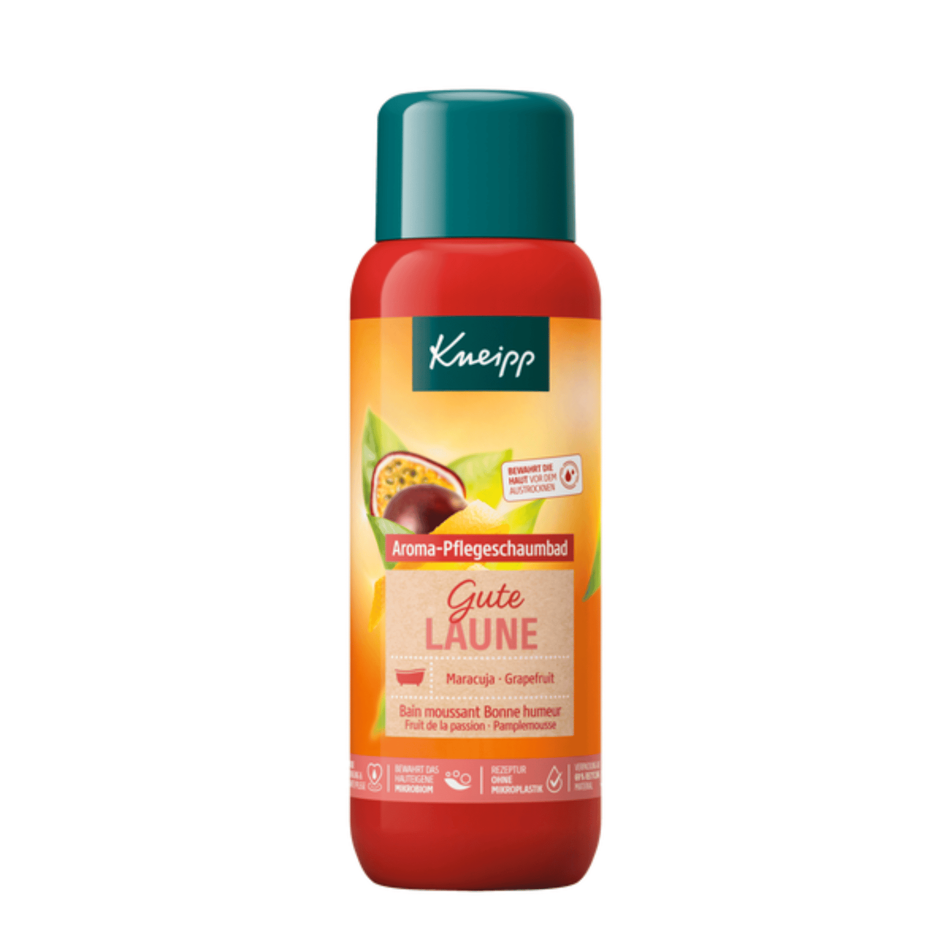 Primary Image of Passionfruit & Grapefruit Good Mood Aroma Care Bubble Bath, orange bottle with green cap with German Label