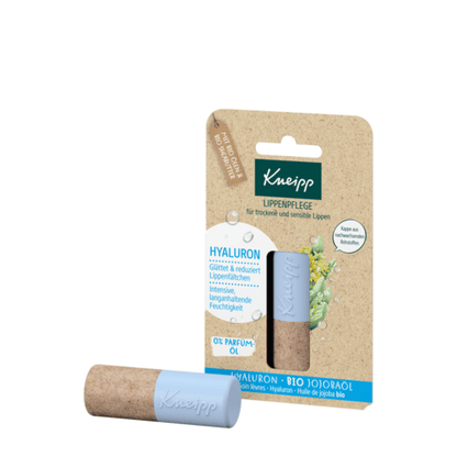 Primary Image of Hyaluron Lip Balm, blue and brown lip balm and paper package