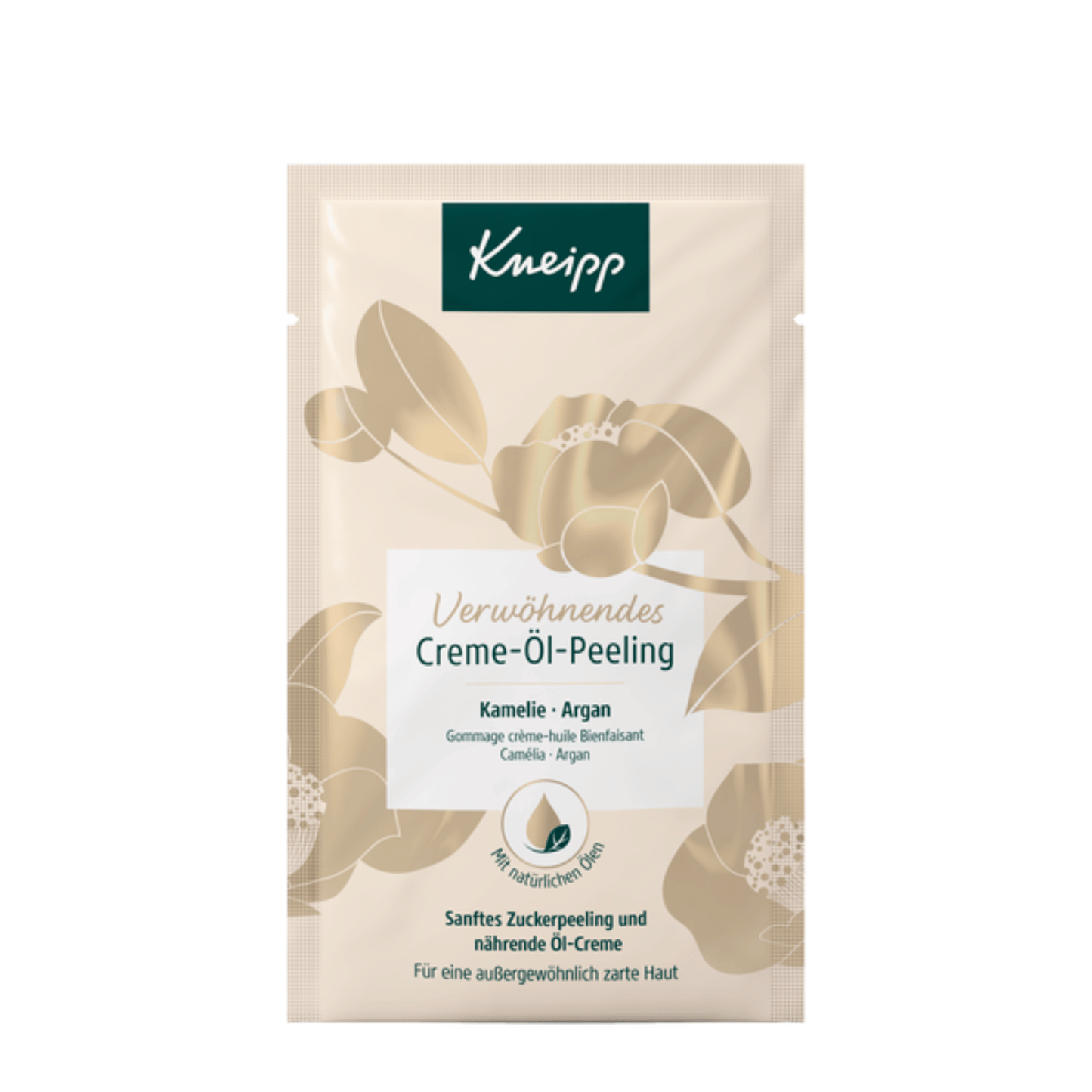 Primary Image of Pampering Cream-Oil Body Scrub, beige and gold sachet