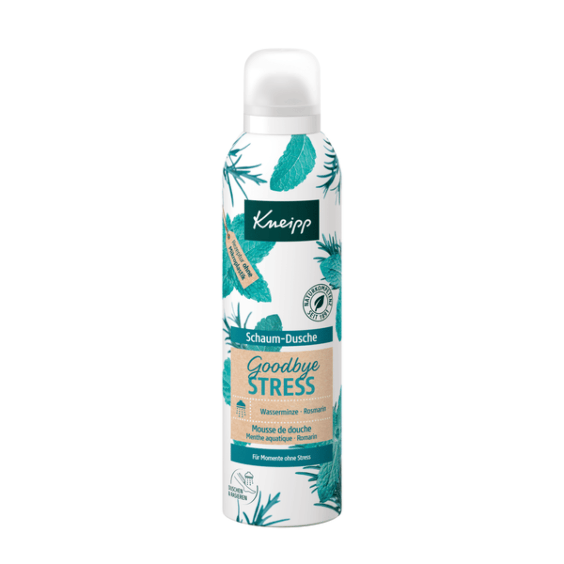 Primary Image of Water Mint & Rosemary Goodbye Stress Shower Foam, a white can with botanical elements