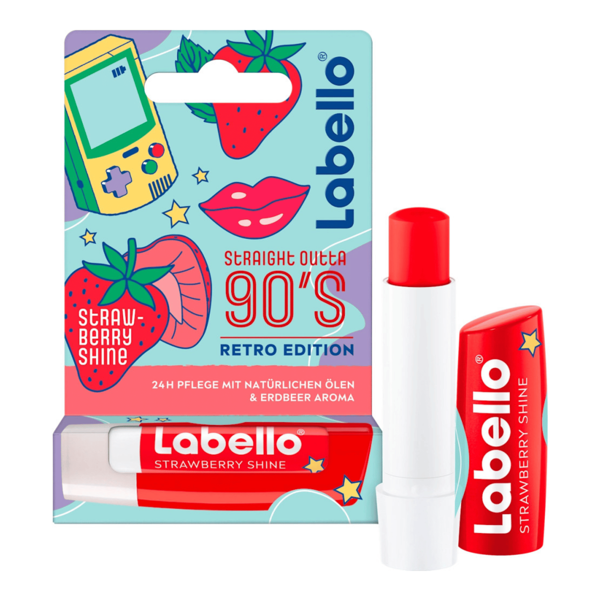 Primary Image of Strawberry Shine Lip Balm, illustrated packaging with red lip balm