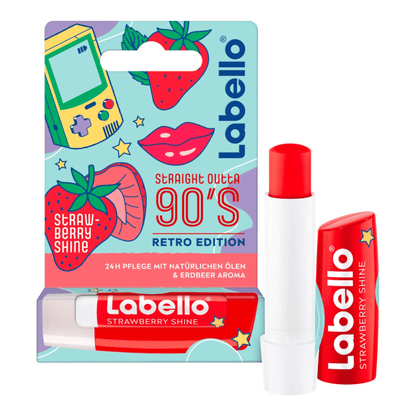 Primary Image of Strawberry Shine Lip Balm, illustrated packaging with red lip balm