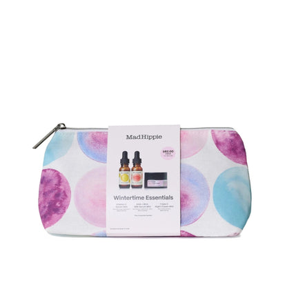 Primary Image of Wintertime Essentials, multi colored pouch with skin care products
