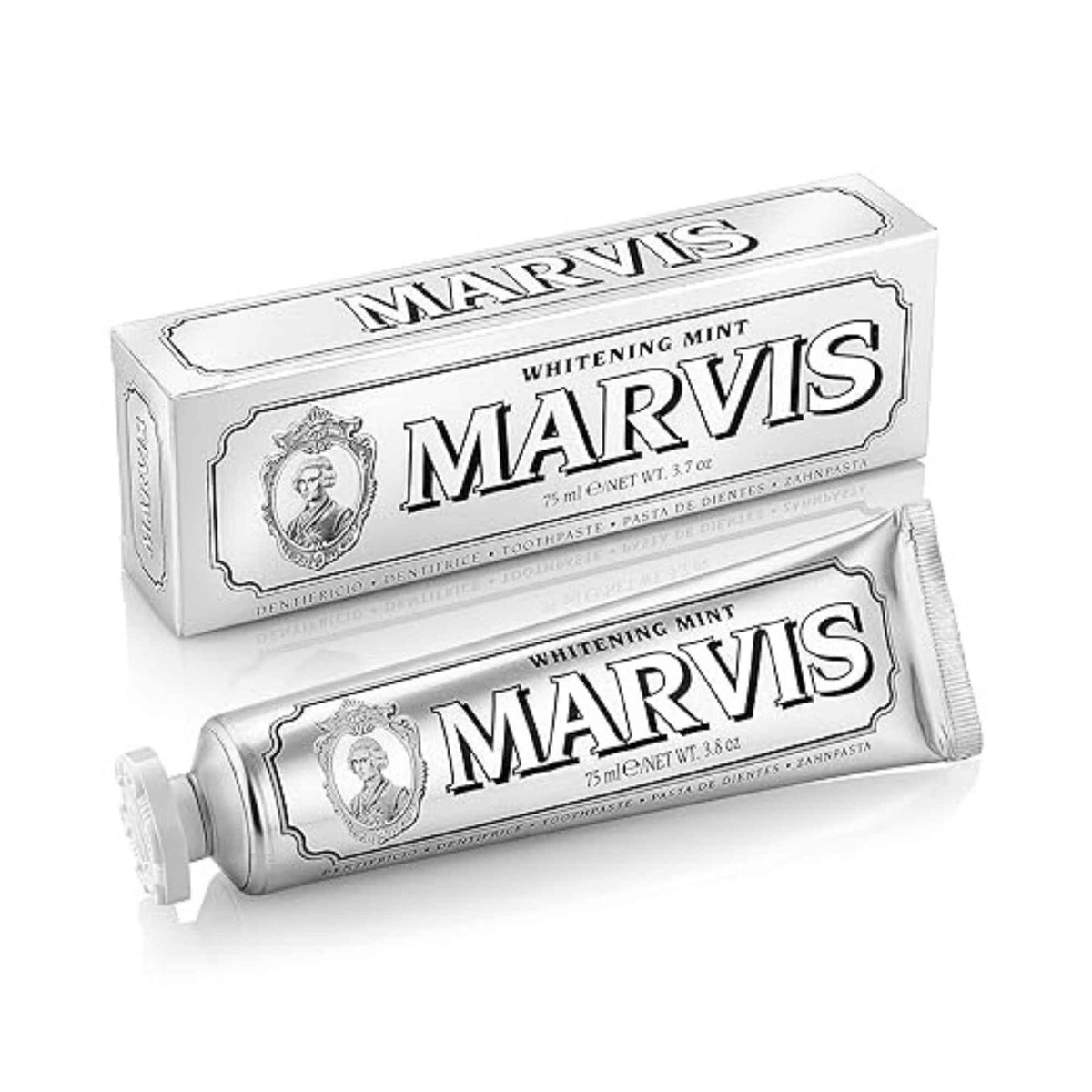 Front view of Marvis Whitening Mint Toothpaste showing a silver tube and matching box on a white background