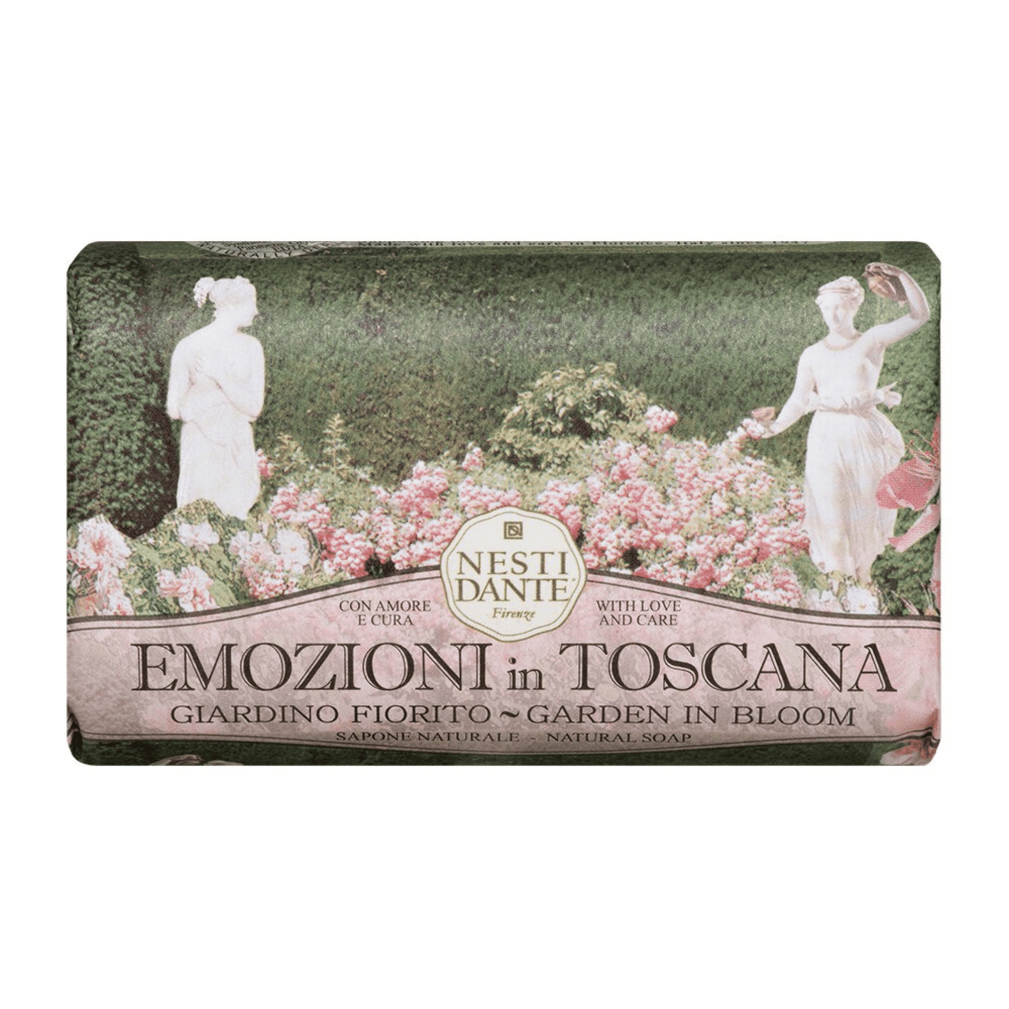Primary Image of Emozioni in Toscana Garden in Bloom Bar Soap, pink and green paper wrapped bar soap