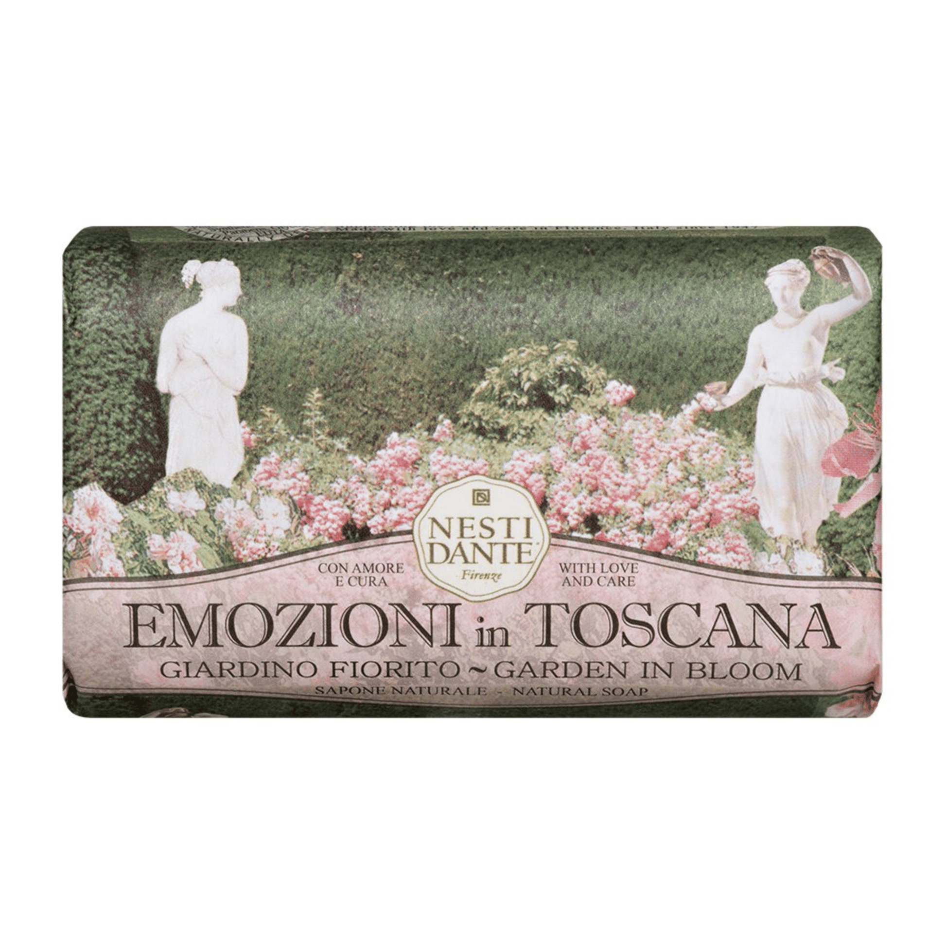 Primary Image of Emozioni in Toscana Garden in Bloom Bar Soap, pink and green paper wrapped bar soap