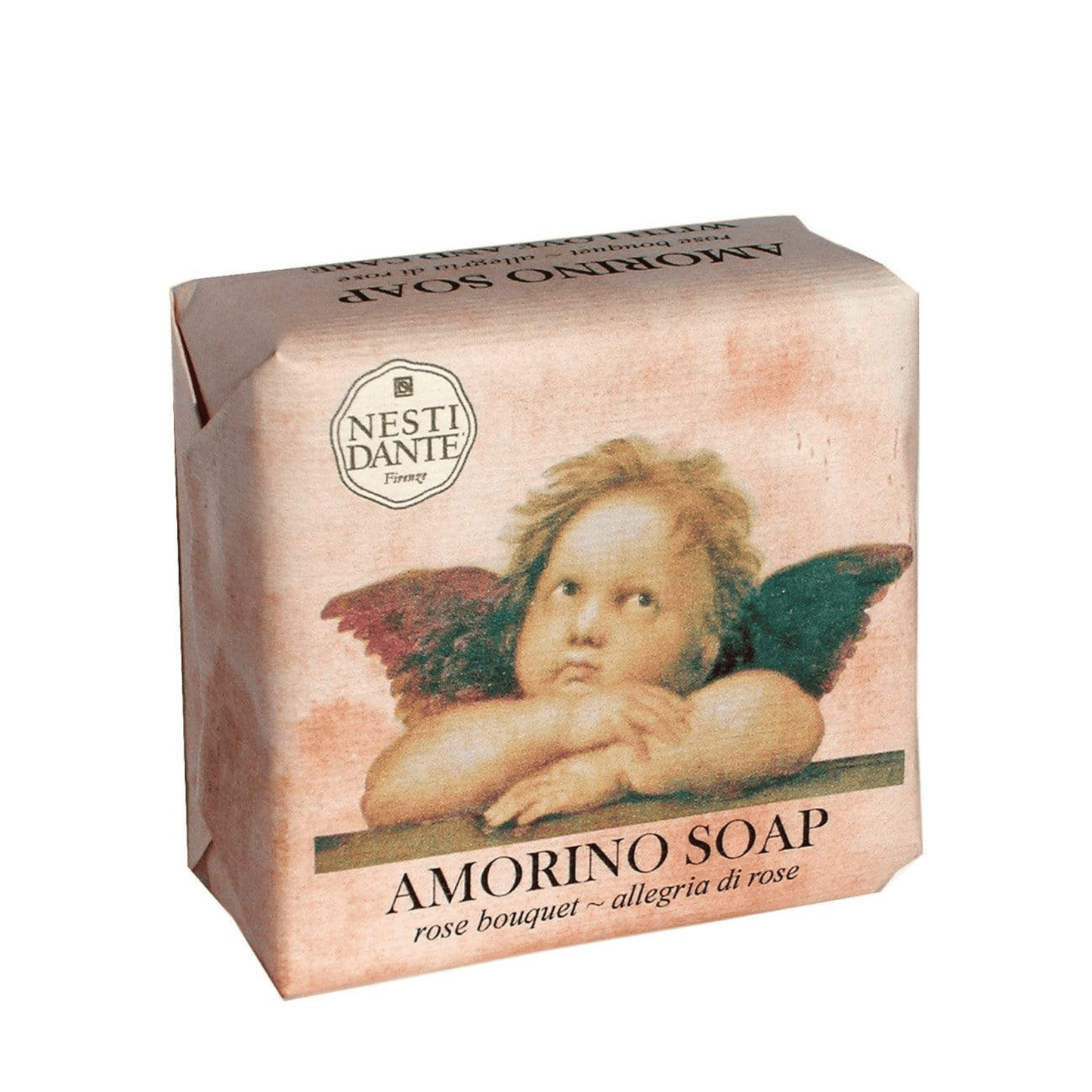 Primary Image of Amorino Rose Bouquet Bar Soap, pink wrapped bar soap with angel