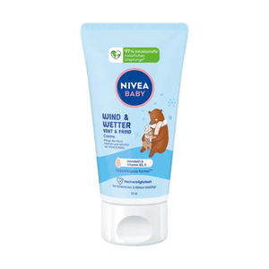 Front view of Nivea Baby Wind & Weather Cream 50 ml tube showcasing blue and white packaging on a white background