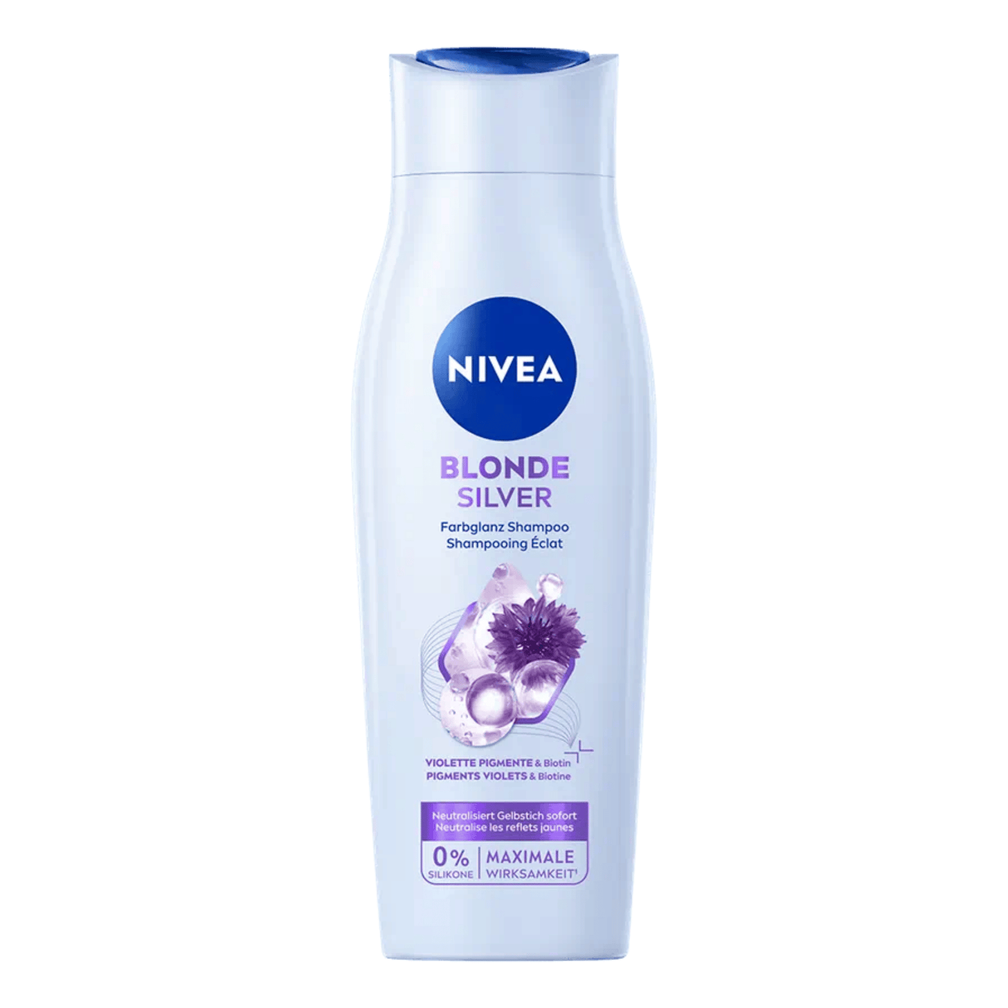 Primary Image of Blonde Silver Color Shine Shampoo, light blue shampoo bottle with German writing