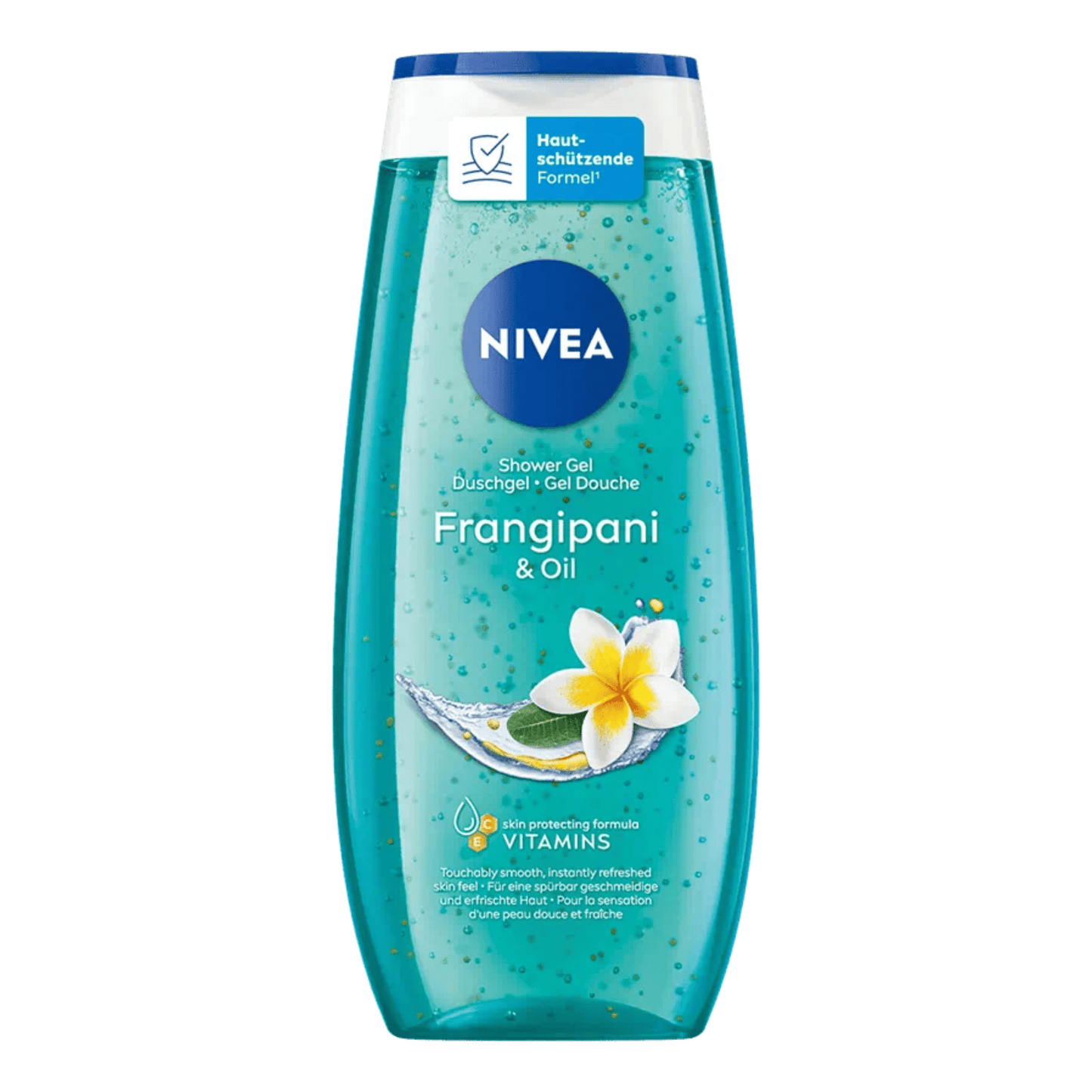 Primary Image of Frangipani and Oil Shower Gel, clear shower gel bottle with blue shower gel