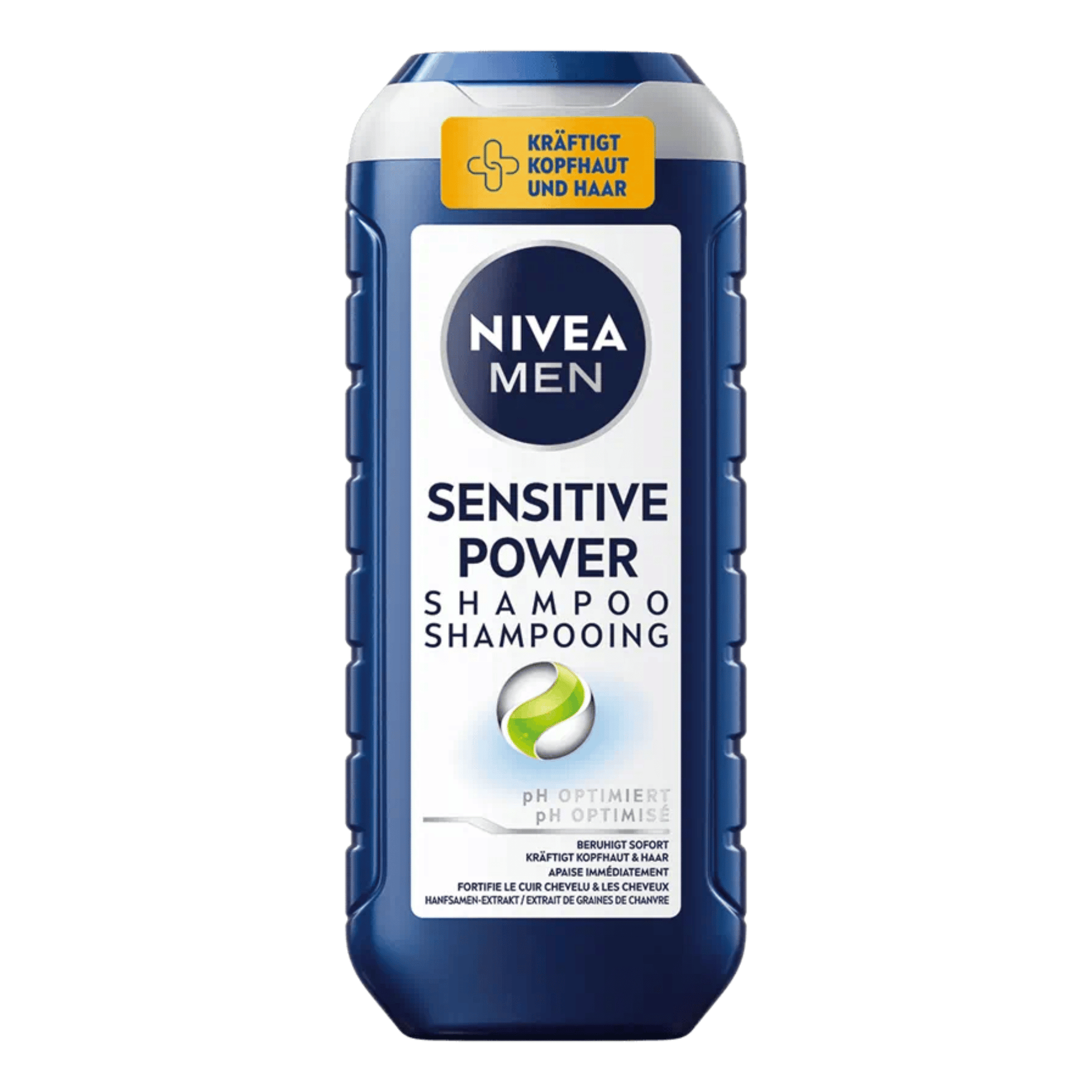 Primary Image of Sensitive Power Shampoo for Men, blue bottle with white label