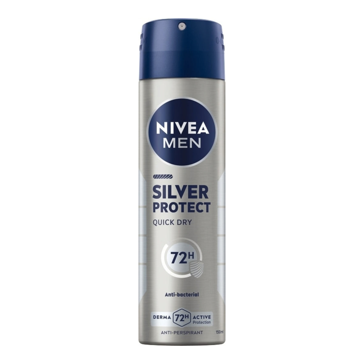 Front view of Nivea Men Silver Protect Quick Dry anti-perspirant spray with 72-hour protection on a white background