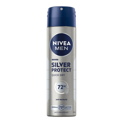 Front view of Nivea Men Silver Protect Quick Dry anti-perspirant spray with 72-hour protection on a white background