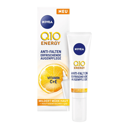 Primary Image of Q10 Energy Anti-Wrinkle Eye Cream with Vitamin C, white eye cream tube and box with German writing
