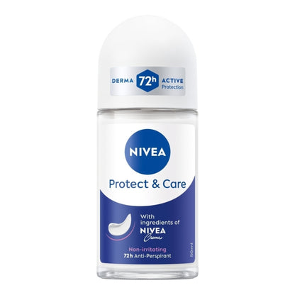 Front view of Nivea Protect & Care women’s roll-on antiperspirant deodorant showcasing 72-hour active protection with a white background