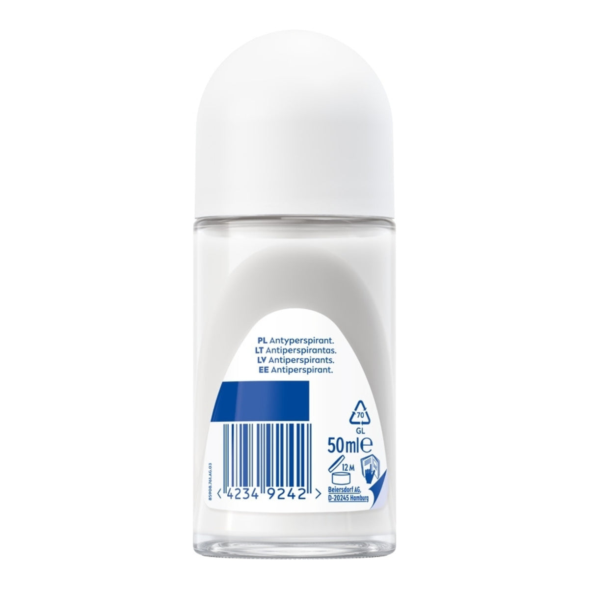 Front view of Nivea Women’s Roll-On Fresh Natural Deodorant showcasing a 50 ml transparent roll-on bottle with white cap on white background