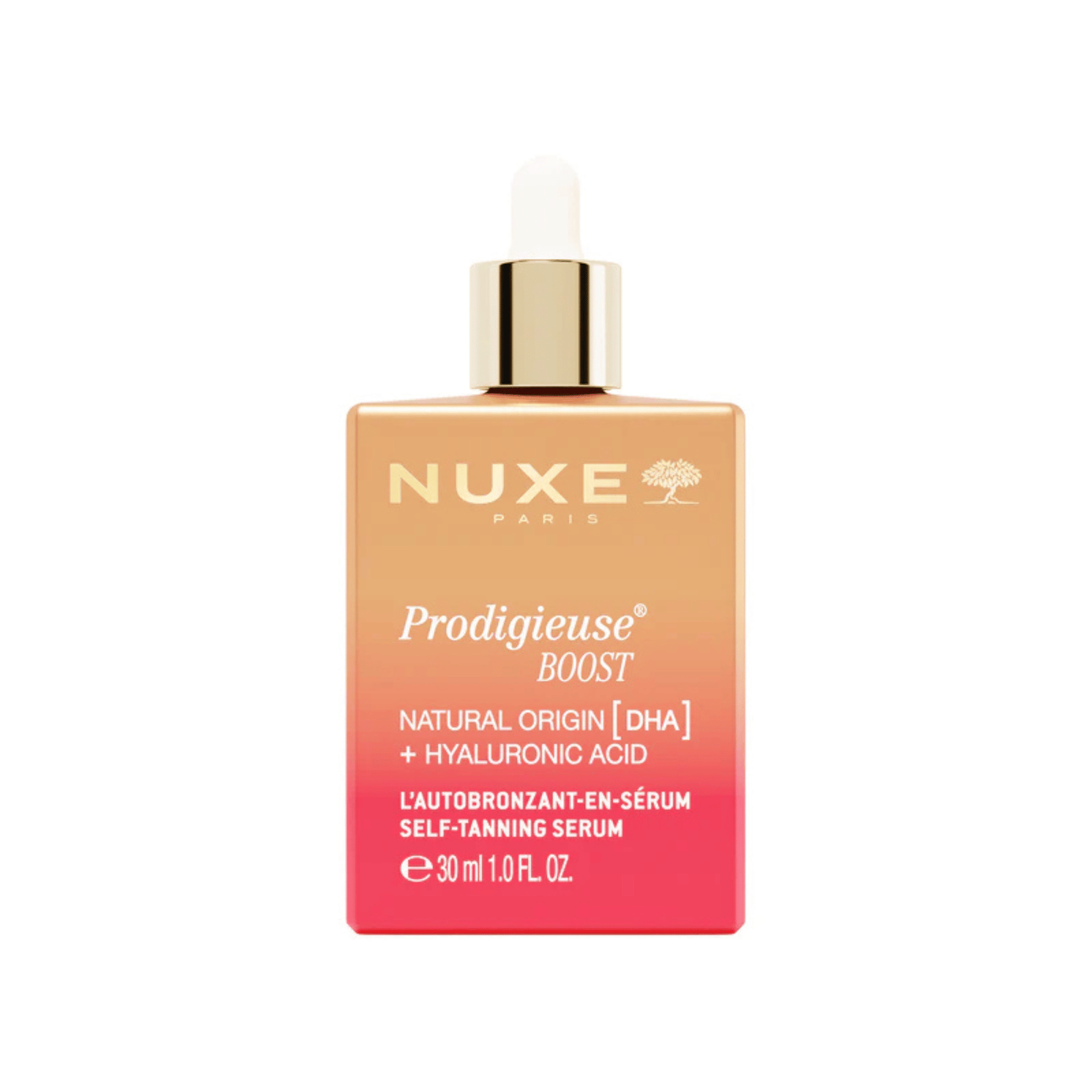 Primary Image of Prodigieuse Boost Self-tanning serum, pink and orange serum bottle