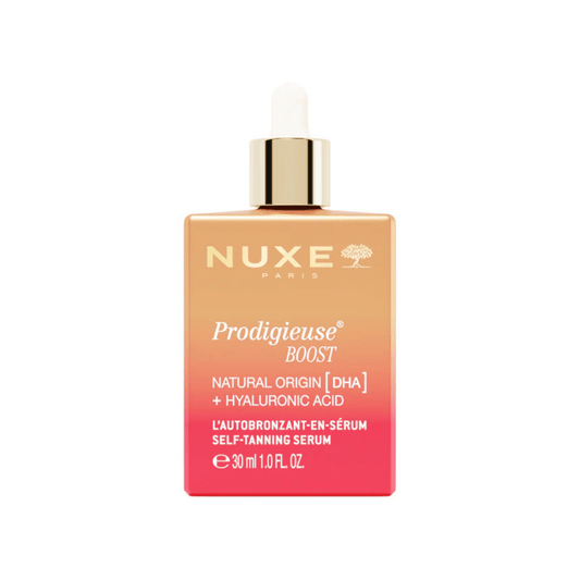 Primary Image of Prodigieuse Boost Self-tanning serum, pink and orange serum bottle