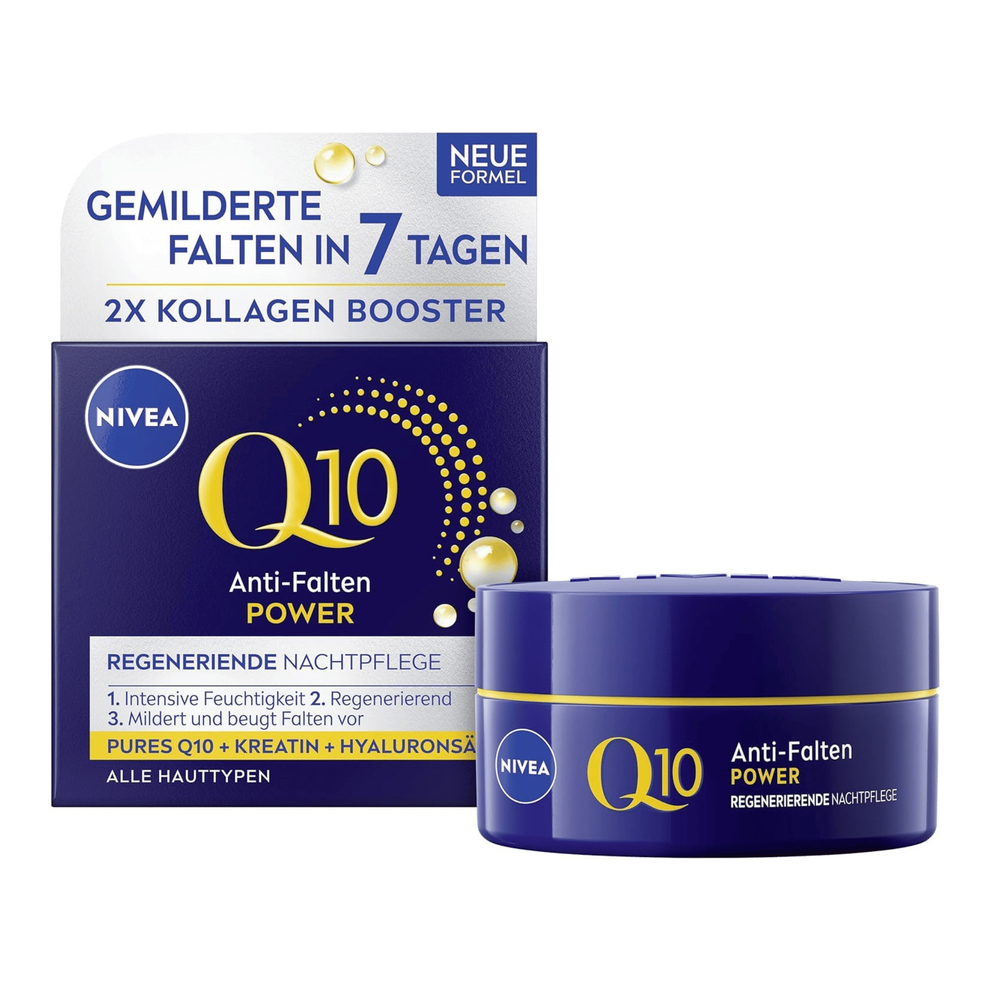 Primary Image of Q10 Power Anti-Wrinkle Night Cream, dark blue face cream jar and box with German writing