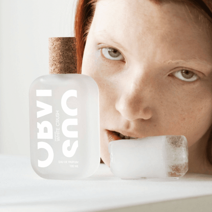 Atlernate Image of White Crush Kakigori EDP, frosted perfume bottle with cork cap and model