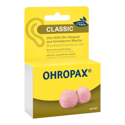 Primary Image of Wax Ear Plugs, yellow paper earplug box with German writing