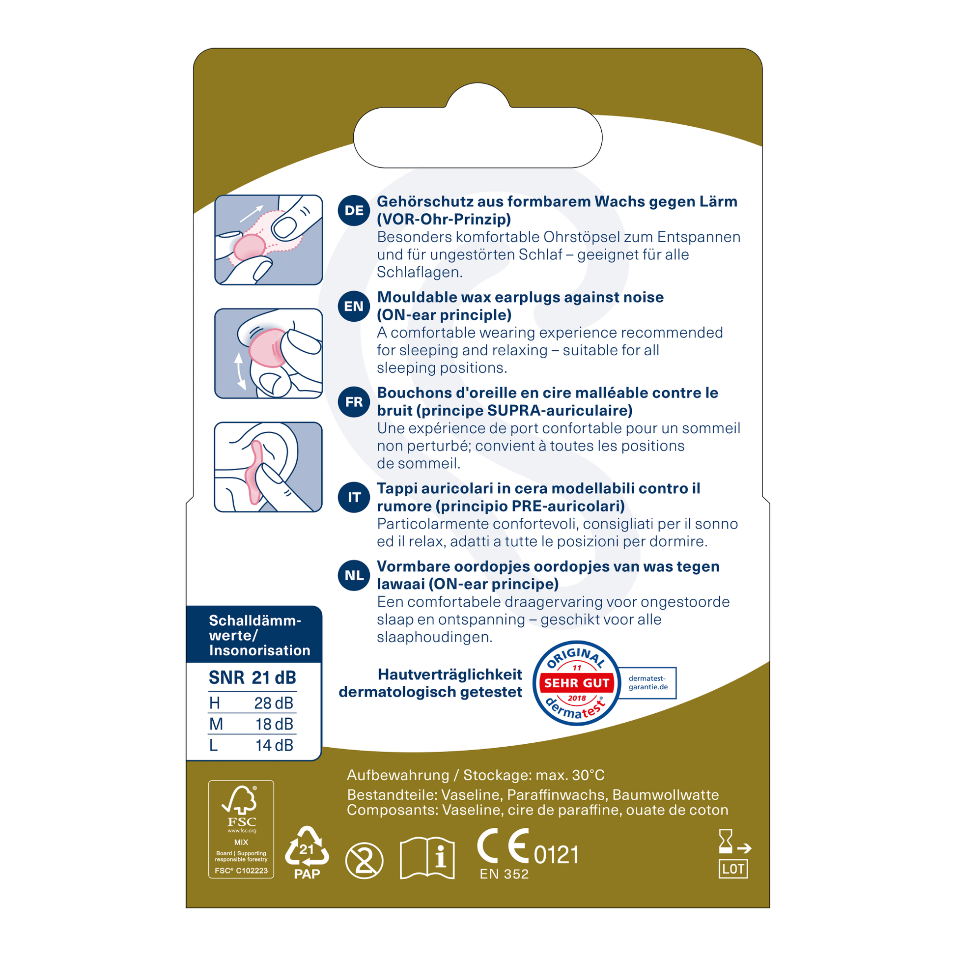 Alternate Image of Wax Ear Plugs, yellow paper earplug box with German writing