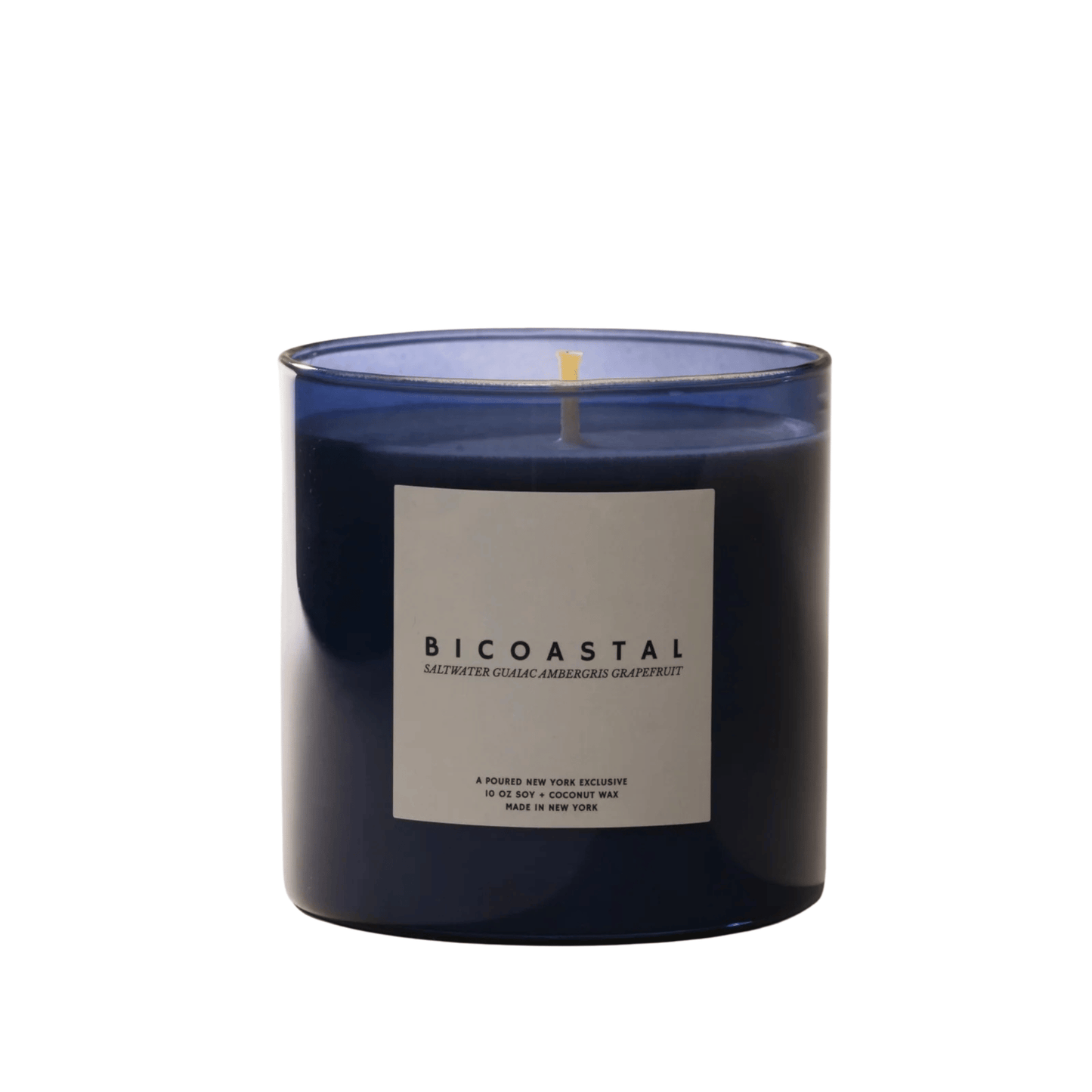 Primary Image of Bicoastal Candle, blue glass candle with white label