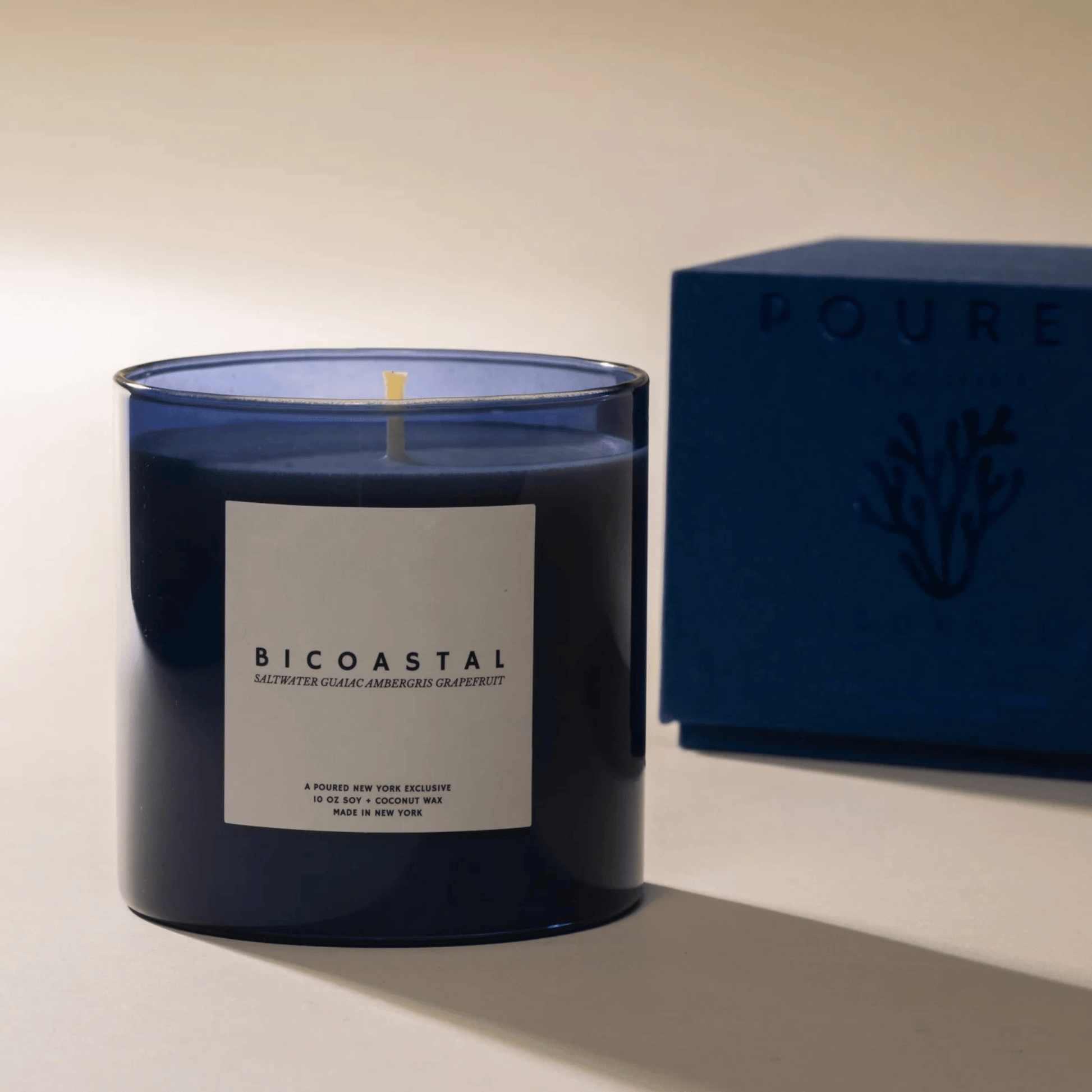 Alternate Image of Bicoastal Candle, blue glass candle with white label and box