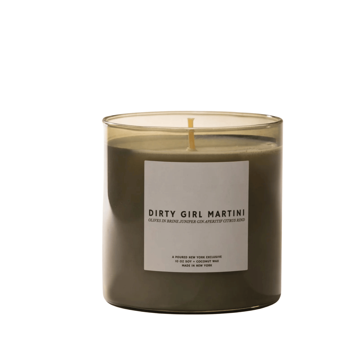 Primary Image of Dirty Girl Martini Candle, gray glass vessel candle with white label