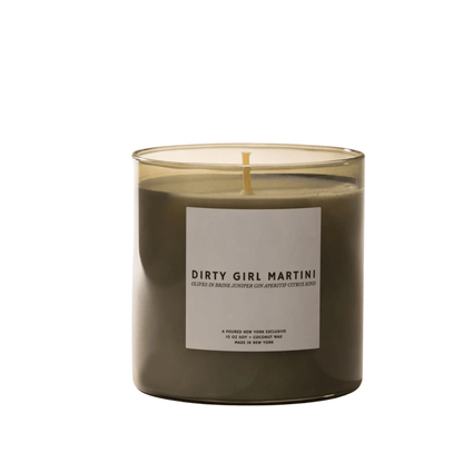 Primary Image of Dirty Girl Martini Candle, gray glass vessel candle with white label