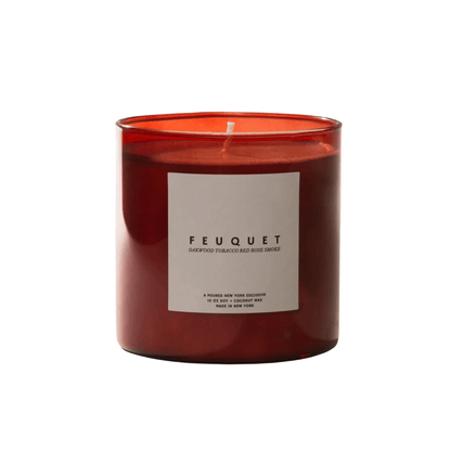 Primary Image of Feuquet Candle, red glass vessel with white label