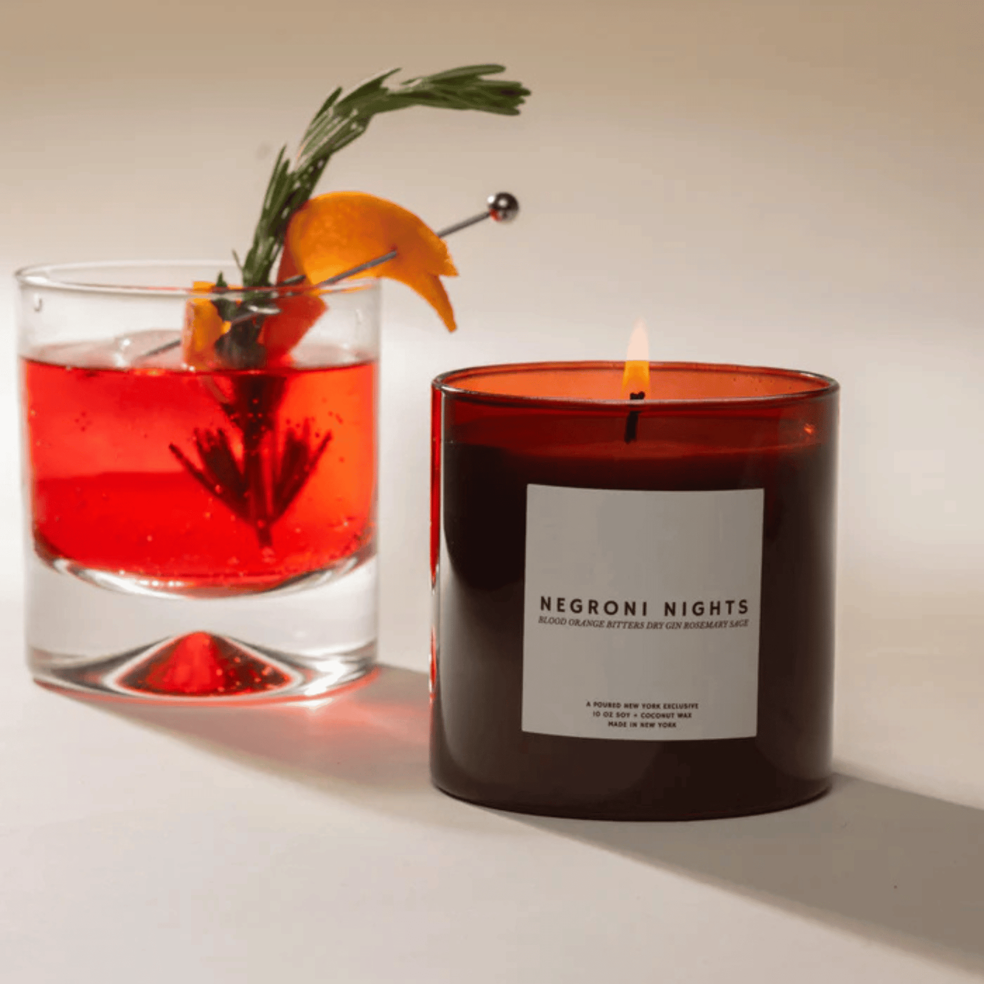 Alternate Image of Negroni Nights Candle, dark red glass candle vessel with white label