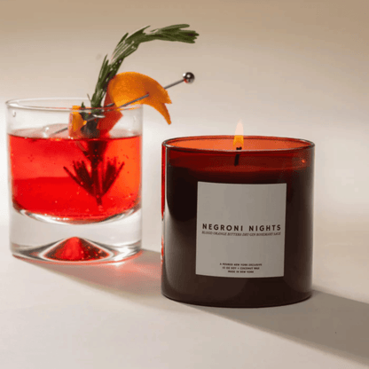 Alternate Image of Negroni Nights Candle, dark red glass candle vessel with white label
