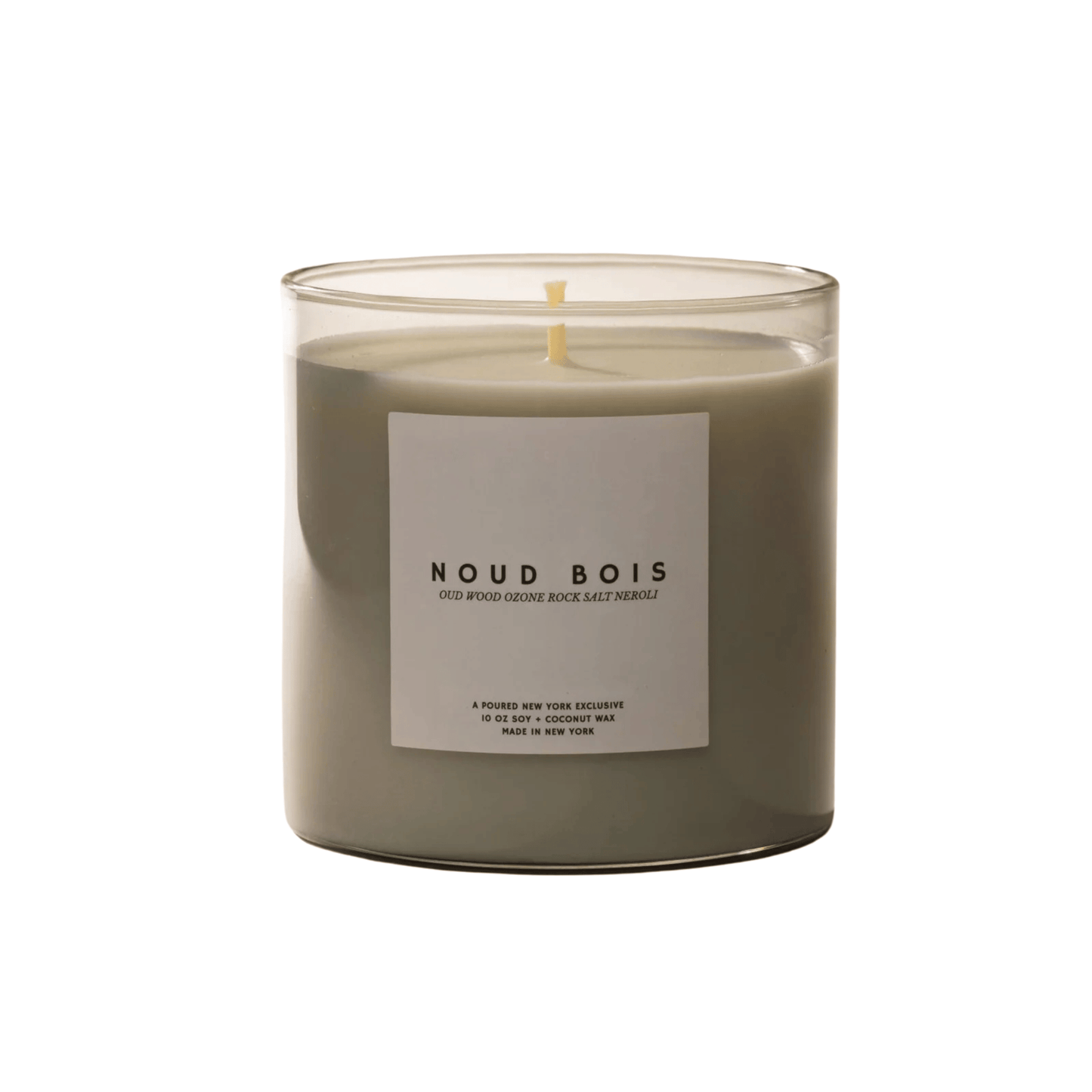 Primary Image of Noud Bois Candle, gray glass vessel with white label