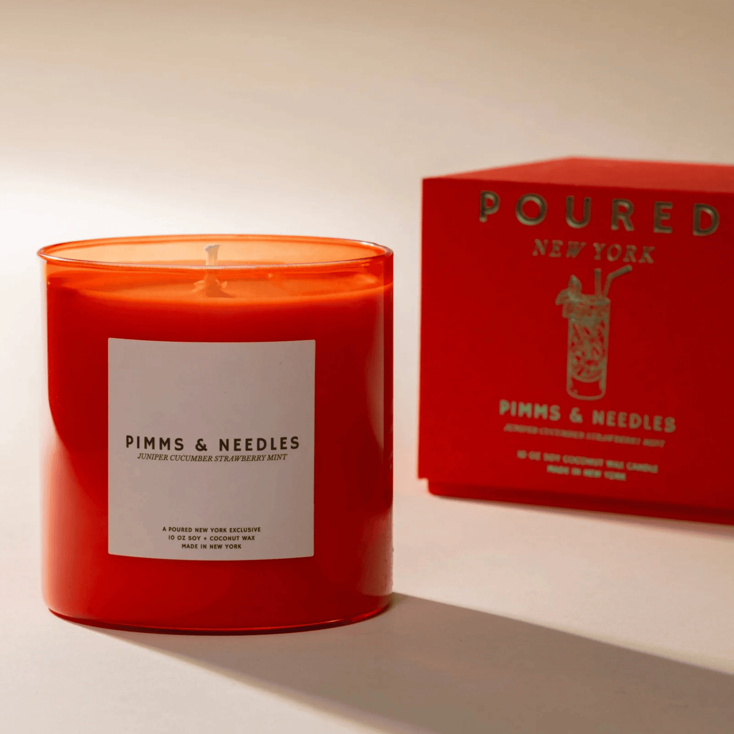 Alternate Image of Pimms & Needles Candle, red candle vessel with white label and box