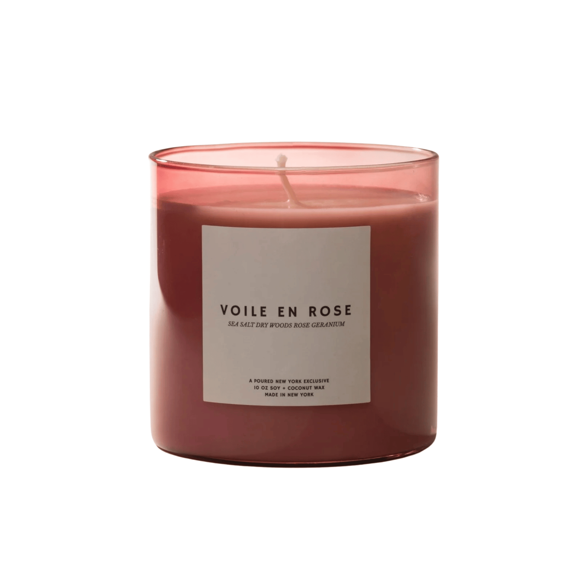 Primary Image of Voile en Rose Candle, pink candle vessel with white label