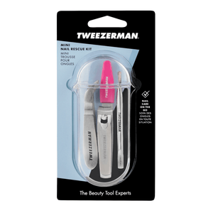 Front view of Tweezerman Mini Nail Rescue Kit showcasing compact nail tools in blister packaging with a white background