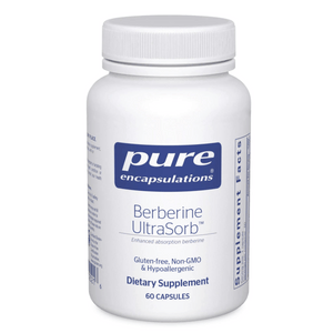 Front view of Pure Encapsulations Berberine UltraSorb capsules bottle showcasing the 60 capsule dietary supplement label on a white background