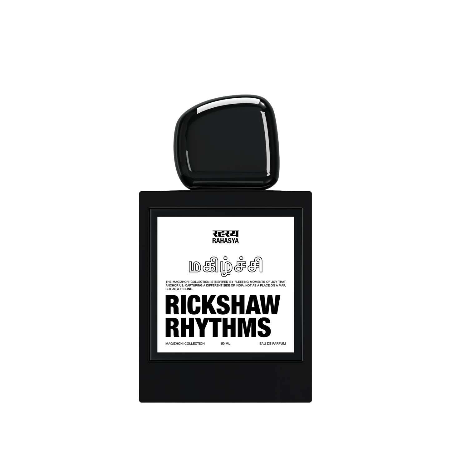 Primary Image of Rickshaw Rhythms EDP black perfume bottle with white label