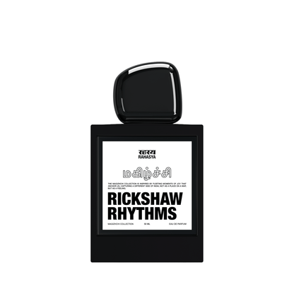 Primary Image of Rickshaw Rhythms EDP black perfume bottle with white label
