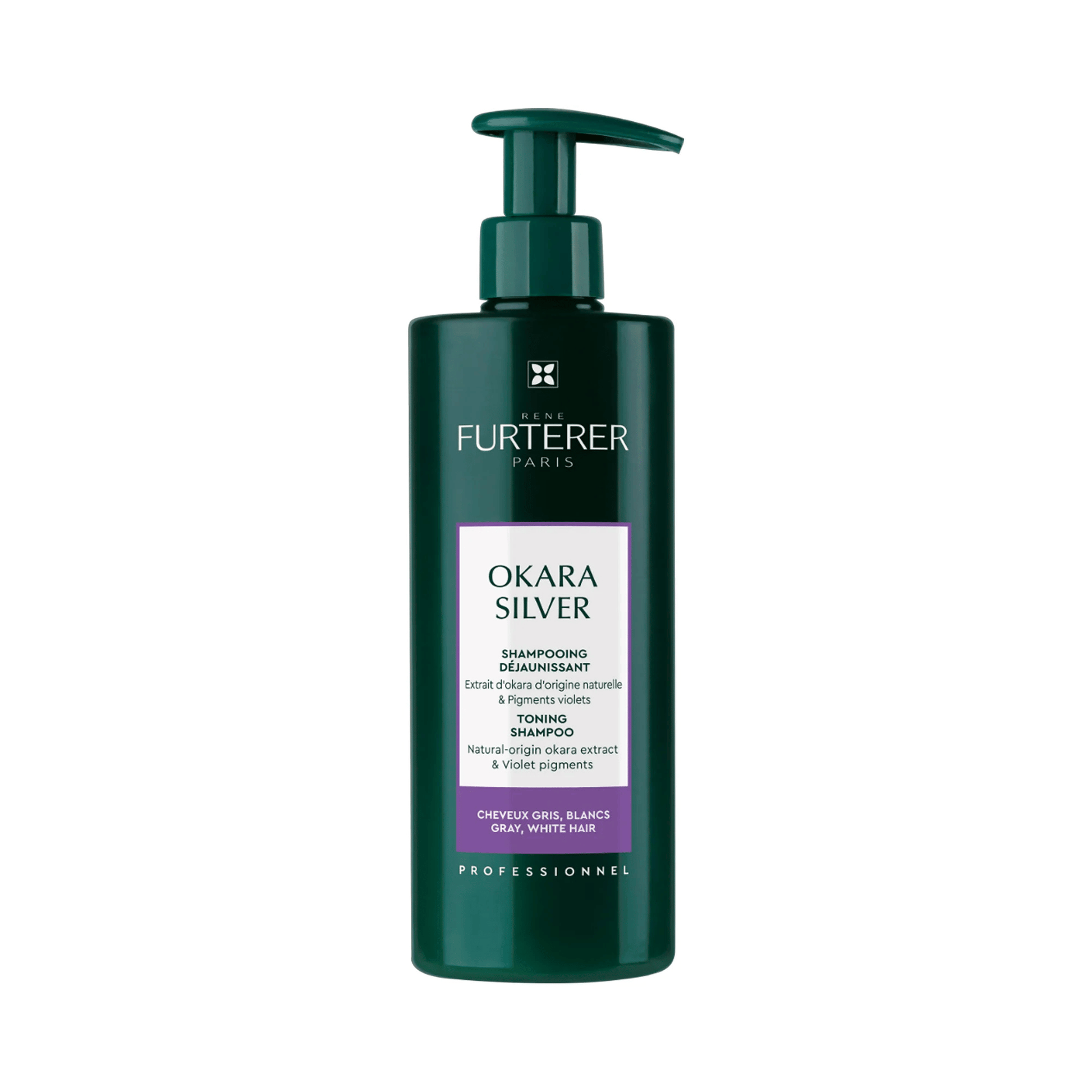 Primary Image of OKARA SILVER Toning Shampoo (600 ml), dark green pump top shampoo bottle