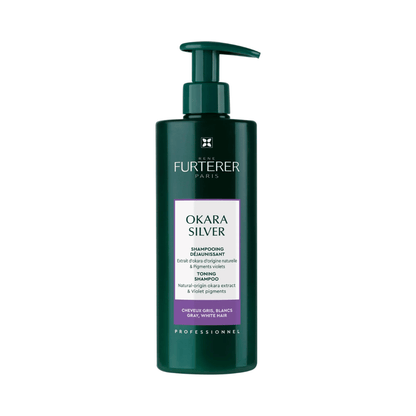 Primary Image of OKARA SILVER Toning Shampoo (600 ml), dark green pump top shampoo bottle
