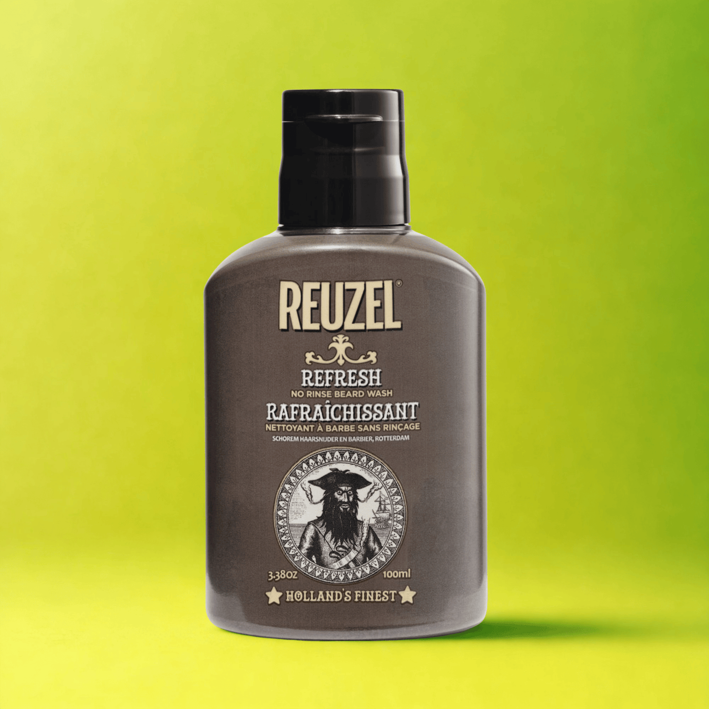 Primary image of GWP Refresh No Rinse Beard Wash, brown bottle on green background 