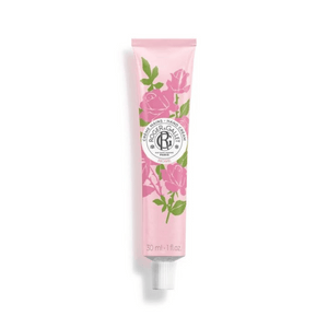 Front view of Roger and Gallet Rose Wellbeing Hand Cream showcasing pink rose packaging, 30 ml 1 fl oz, on white