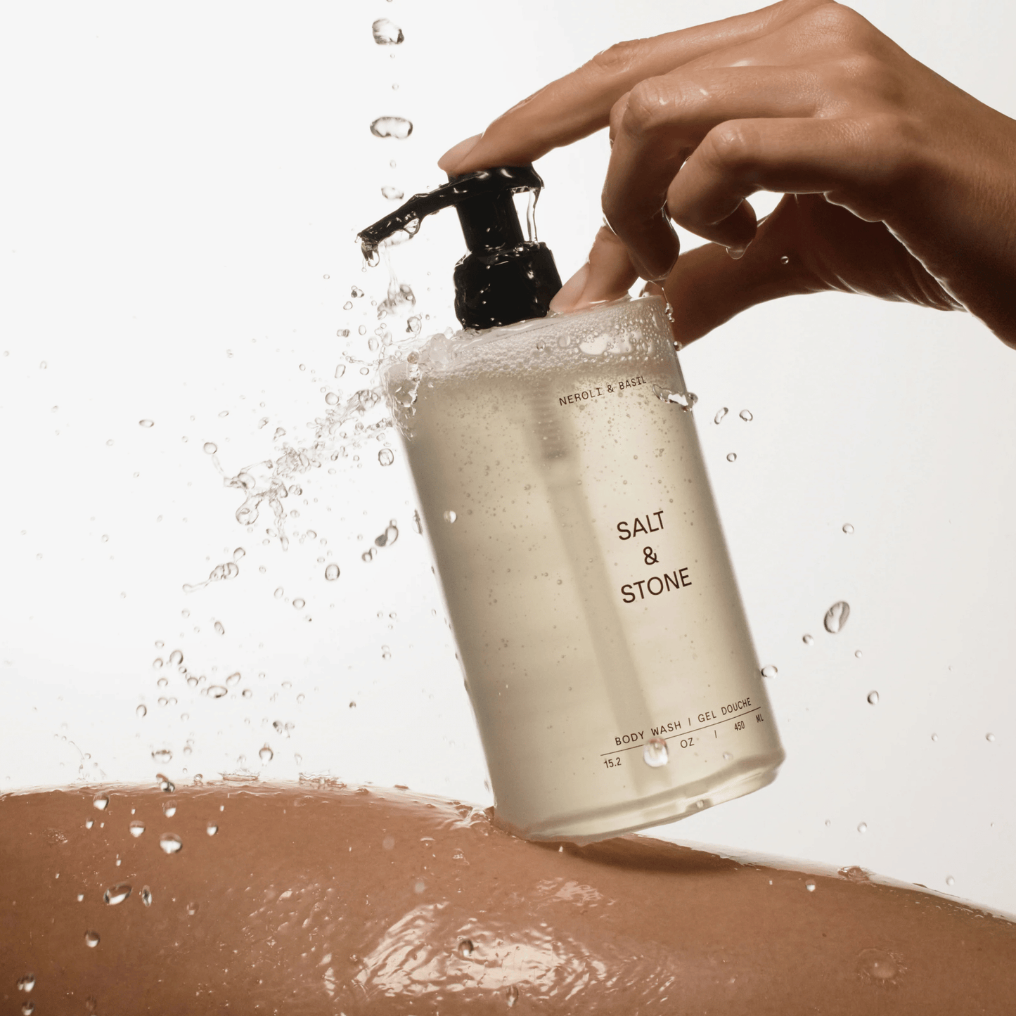 Alternate Image of Salt & Stone Body Wash, round plastic bottle with pump and water splashes