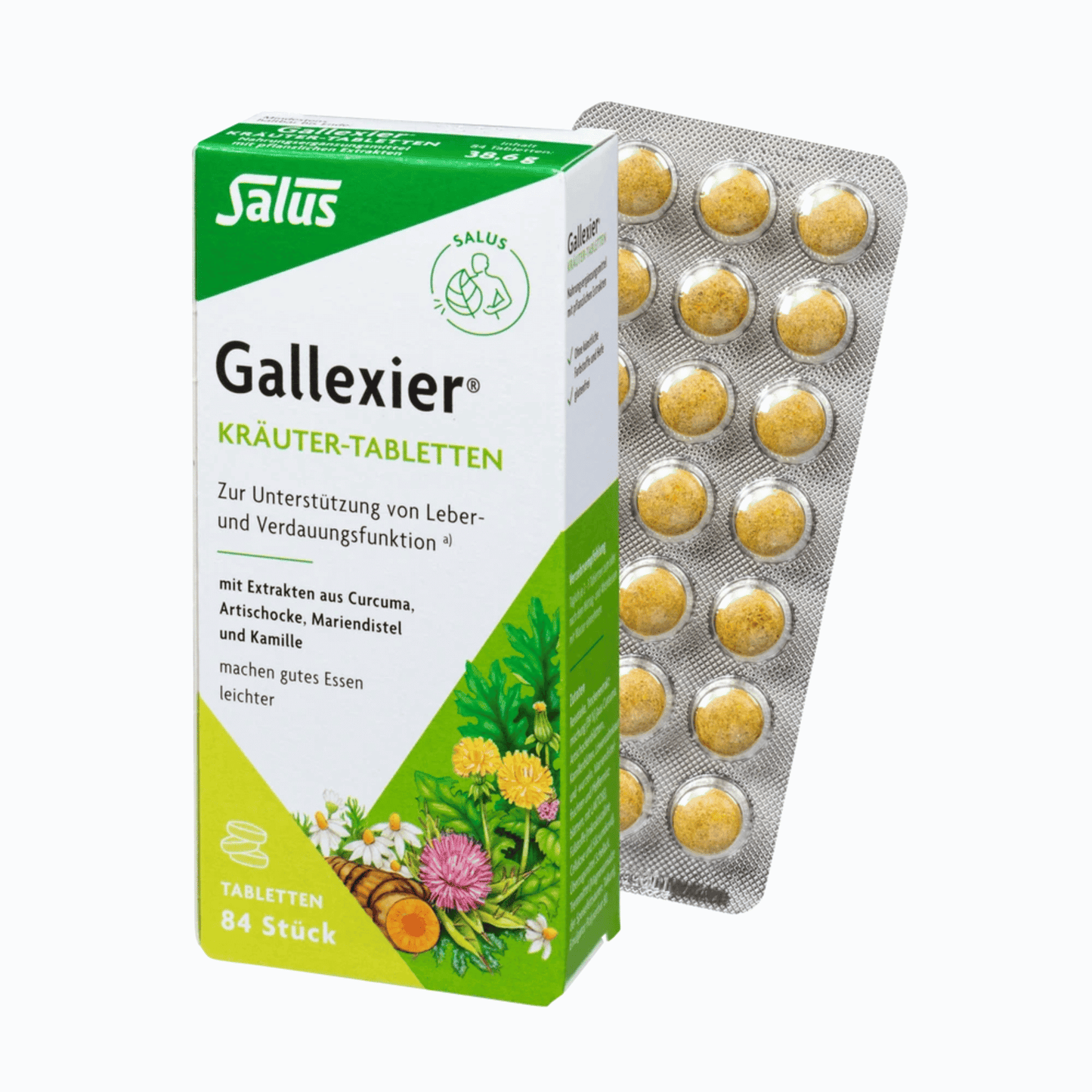 Primary Image of Gallexier Tablets, herbal supplement box and tablets with German writing